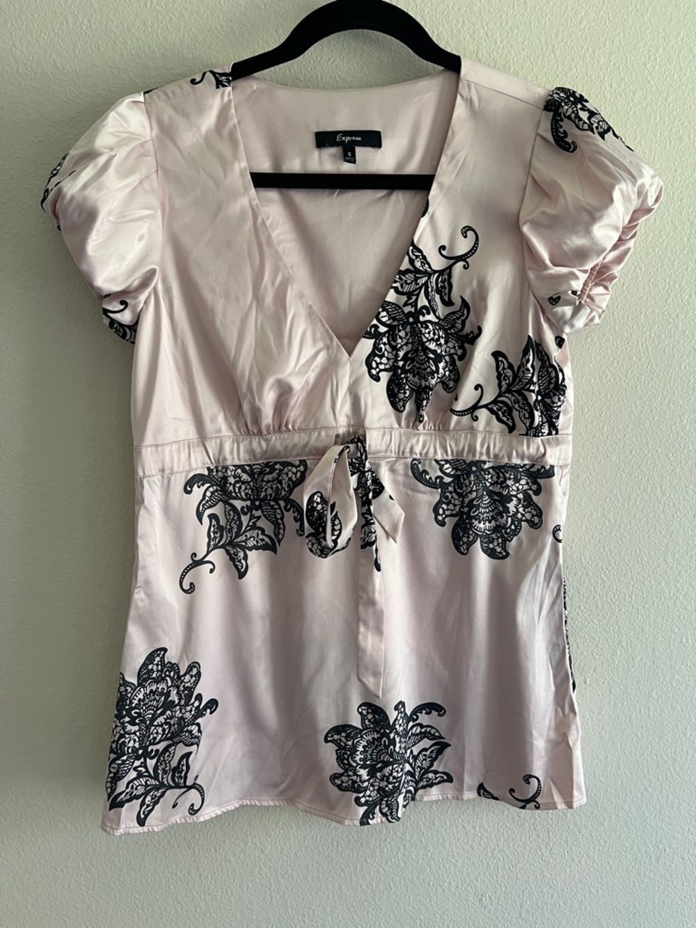 Express Y2K Pink Floral Blouse Puff Sleeve V Neck Tie Waist Top Small